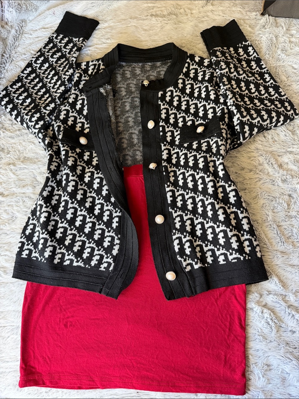 Black & White Knit Button Cardigan with Red skirt, S , good condition